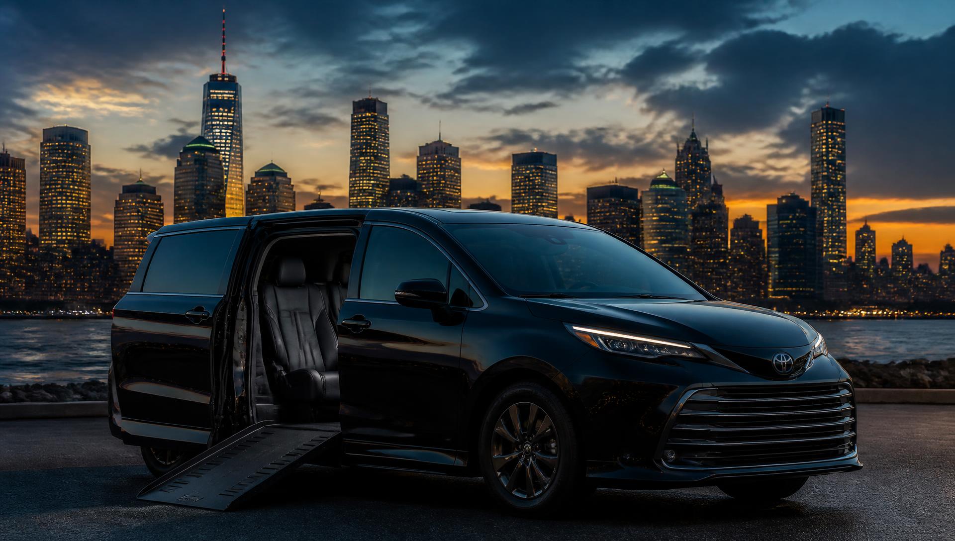 Black 2025 Toyota Sienna with wheelchair ramp deployed in front of the New York City skyline